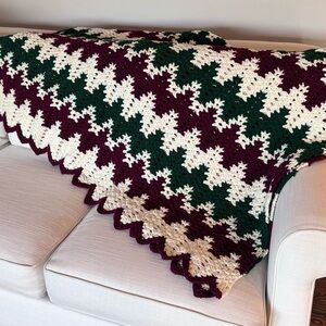 Hand-Crocheted Blanket – Burgundy, Evergreen, and Ivory – Scalloped Edges